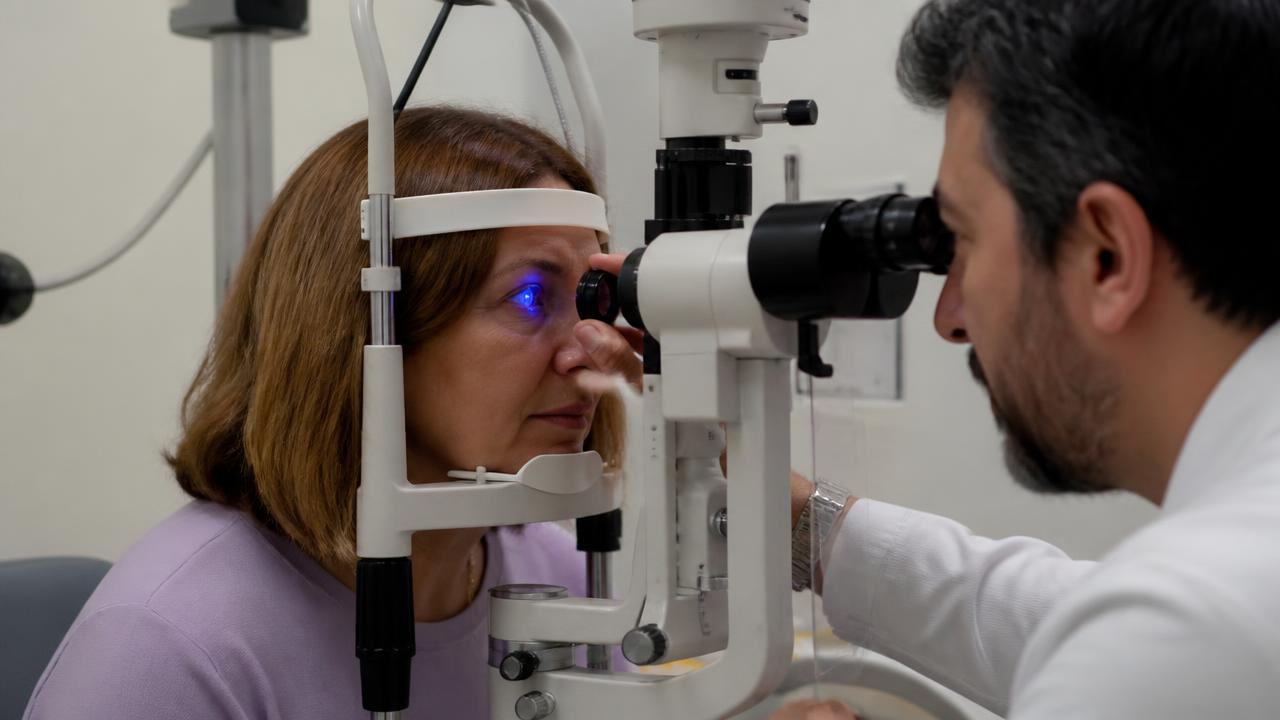 Ilustração de glaucoma: pressão intraocular e nervo óptico