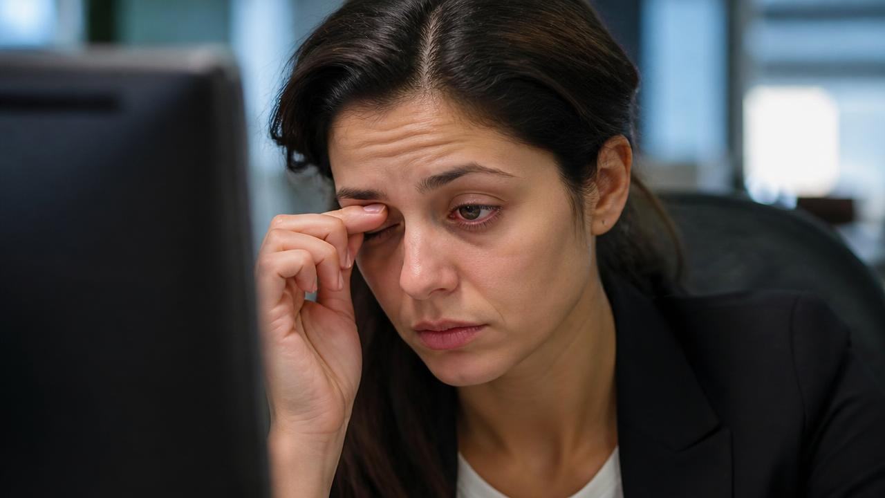 Mulher com olhos irritados e cansados diante do computador, representando olho seco