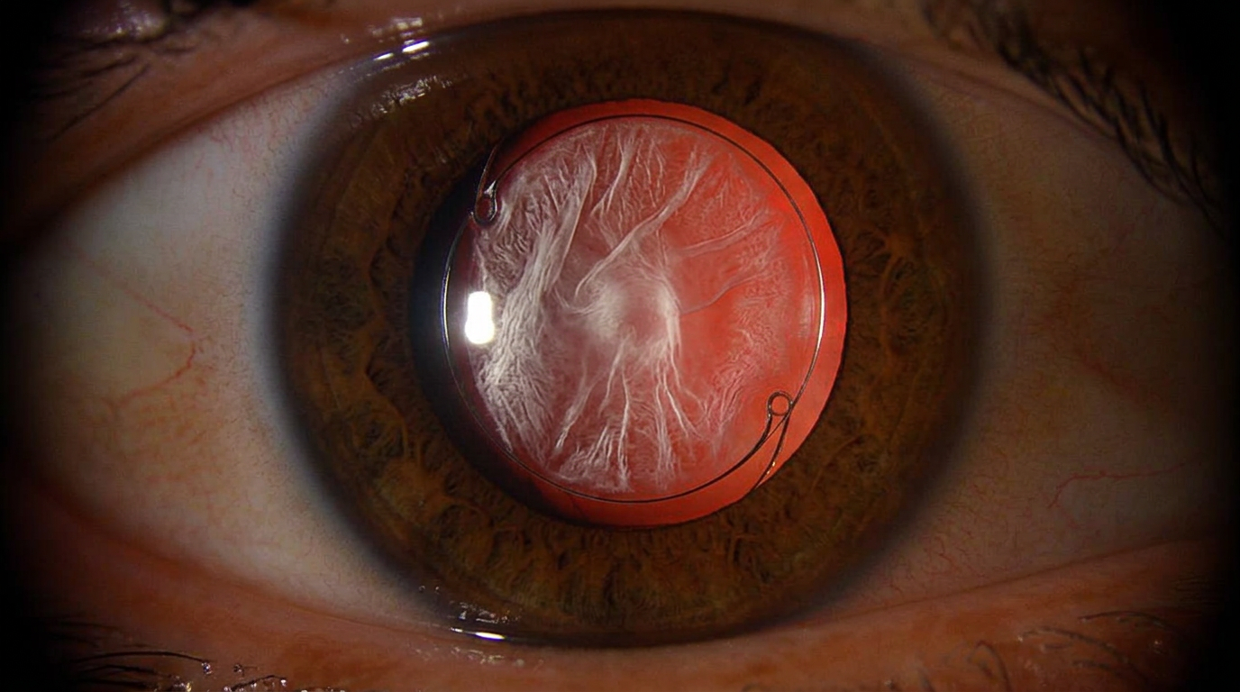 Foto clínica de lente intraocular com opacidade de cápsula posterior, vista em retroiluminação